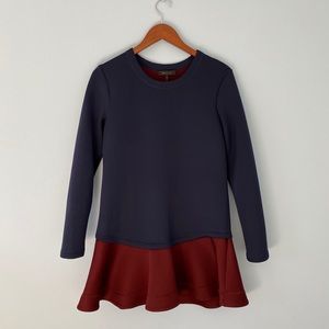 BCBG Navy Blue Maroon Drop Waist Scuba Dress S